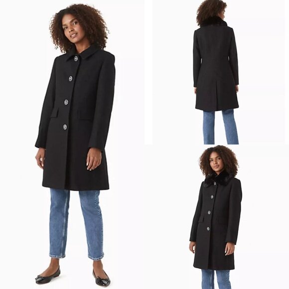 Kate Spade Black Wool Blend Coat Jewel Button Coat Large Designer *No Fur Collar - Picture 9 of 9